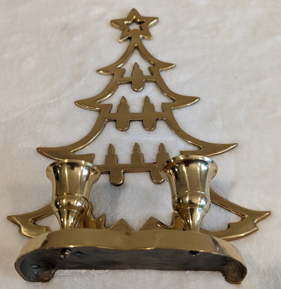 Solid Brass Candle Holder - Holds 2 Candles! Christmas Tree with Star