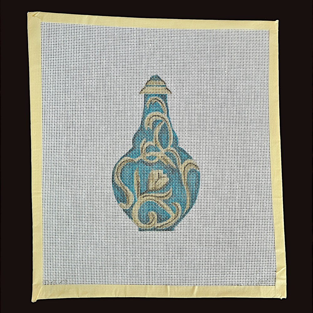 SHARON G NEEDLEPOINT CANVAS: UNIQUE MEDIUM TEAL PERFUME BOTTLE BM