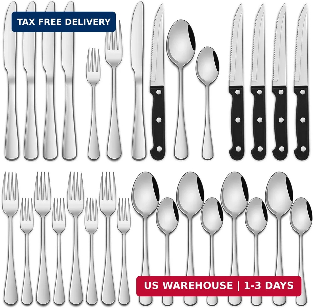 24-Piece Silverware Set with Steak Knives,Flatware Set Service for 4 Person, Foo