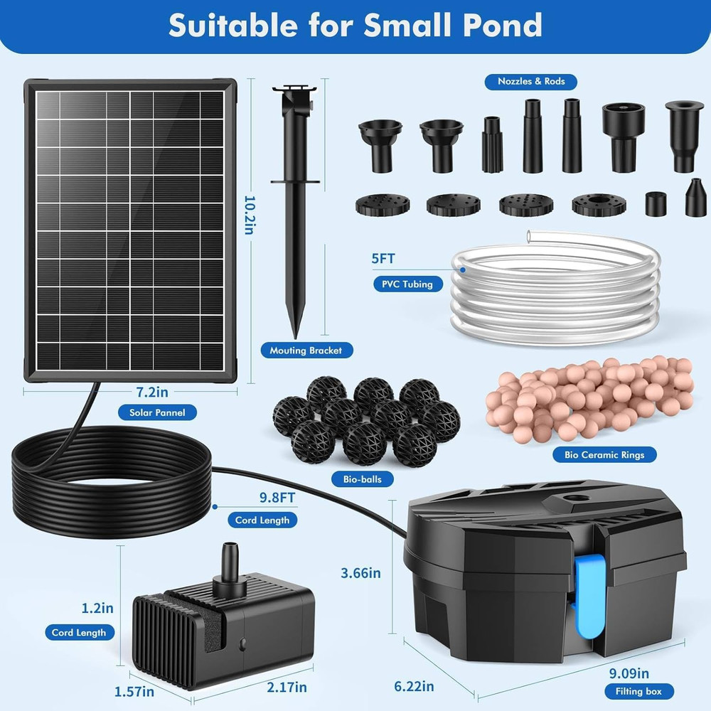 Solar Pond Filter & Fountain Pump Kit - 8W Solar Water Feature System