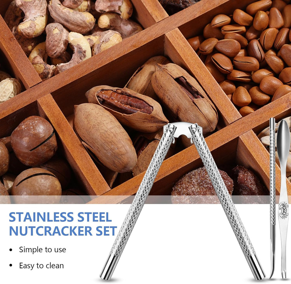 8 Pcs Nutcracker Stainless Steel Nut Cracker Set - 2 Nut Cracker, 4 Picks, 1 Wid