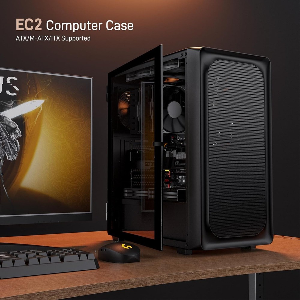 EC2 Black Mid Tower Case – Supports 50 Series Graphics & Cooling