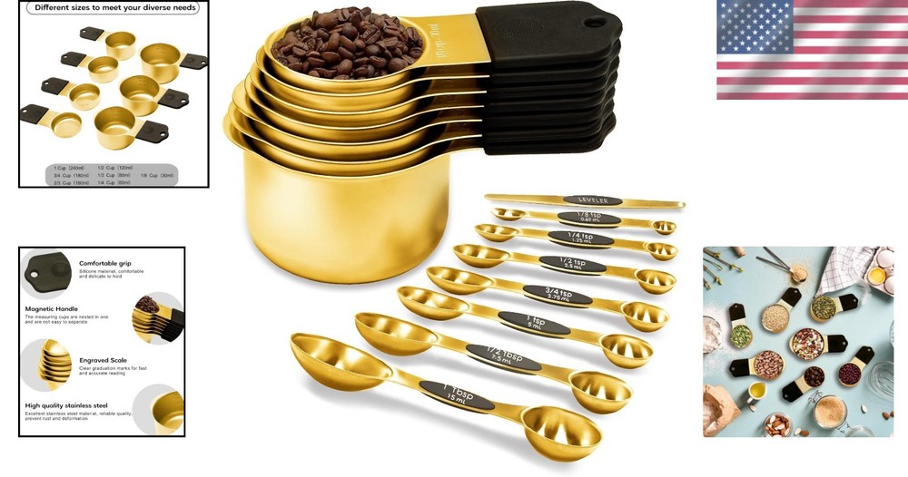 Stackable Gold Magnetic Measuring Cups and Spoons Set for Smart Kitchens