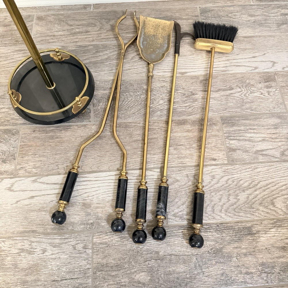 VTG Black Marble Handles And Base Brass Fireplace Tool Set