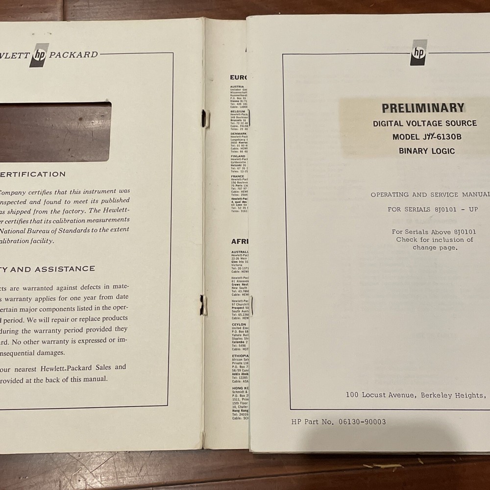 HP J44-6130B Digital Voltage Source Binary Logic Operating Manual 06130-90003
