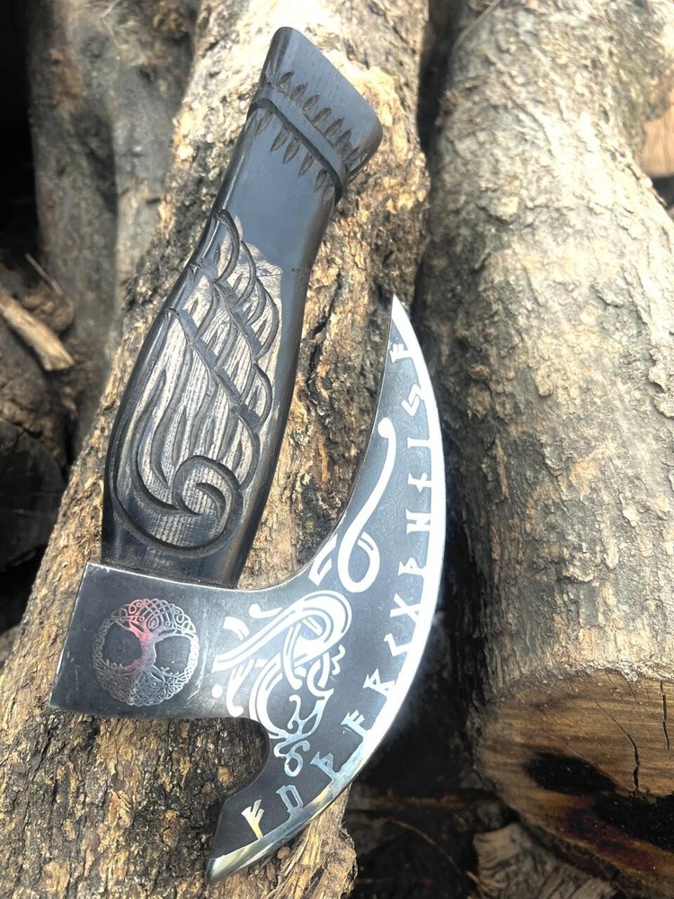 Handmade Viking Pizza Cutter Axe with Engraved Ashwood Handle