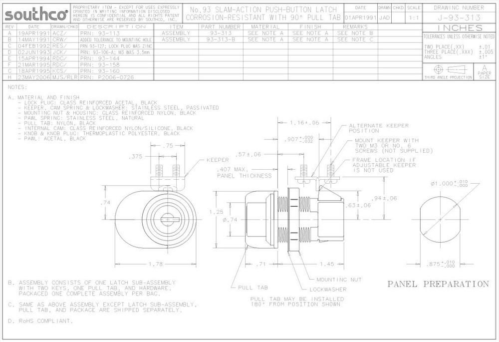 SouthCo LOCK PUSH W/KEY & KEEPER 93-313
