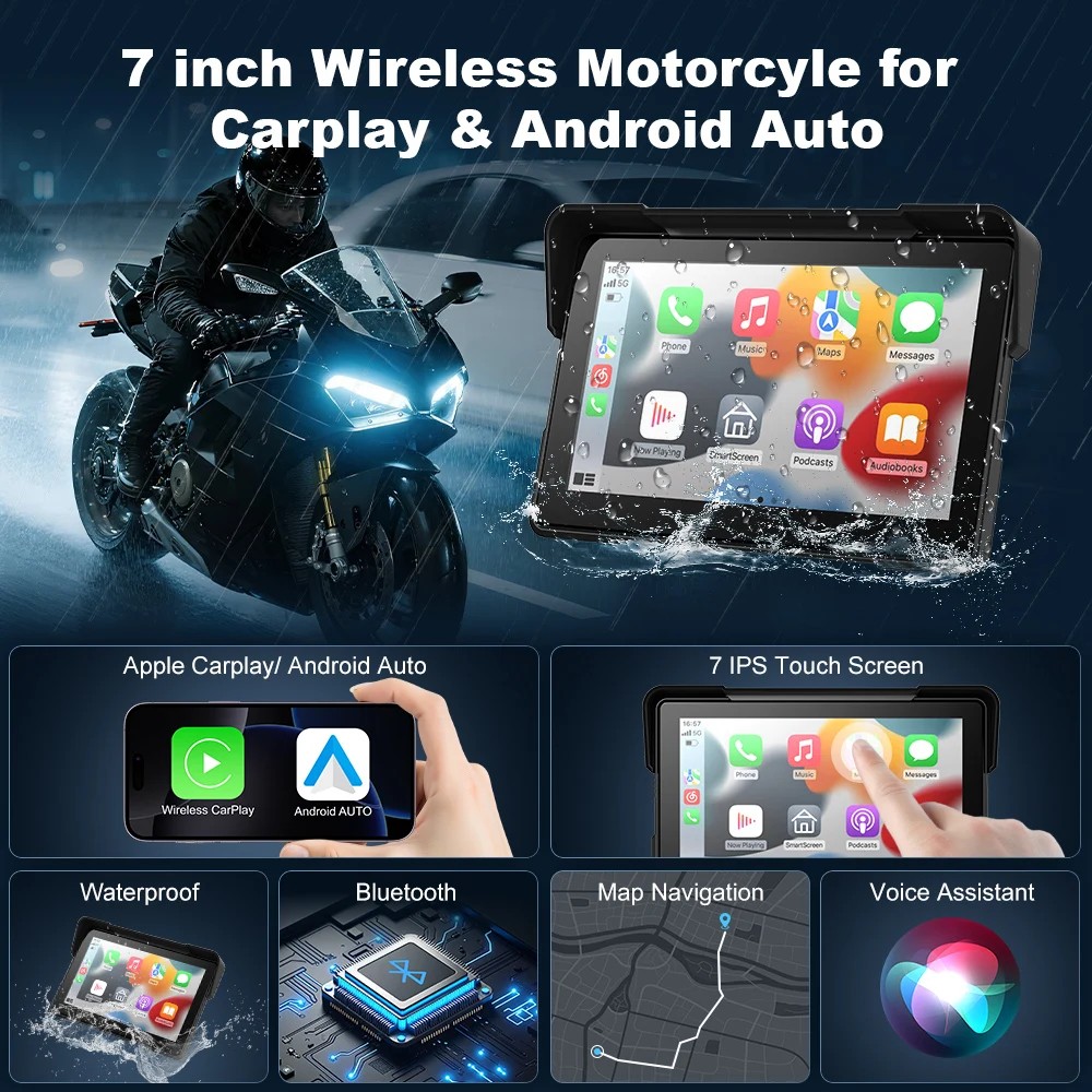 7 " Motorcycle Wireless Carplay Android Auto Screen Dual Bluetooth GPS Nav TPMS