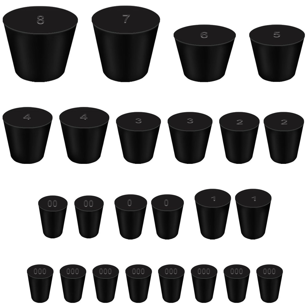 24Pcs Solid Rubber Stopper 11 Assorted Sizes 000# - 8# for Flask, Plug Holes, La