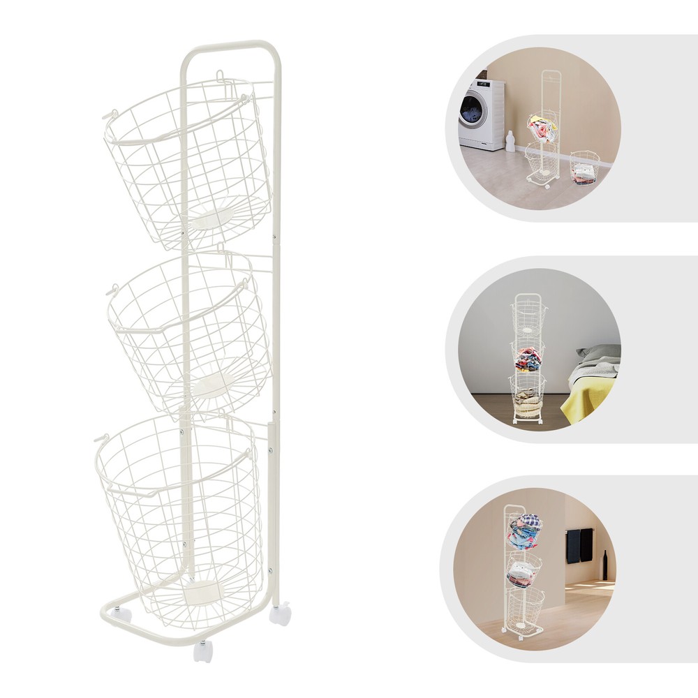 Free Standing 3 Tier Rolling Laundry Hamper with 3 Removable White Wire Basket