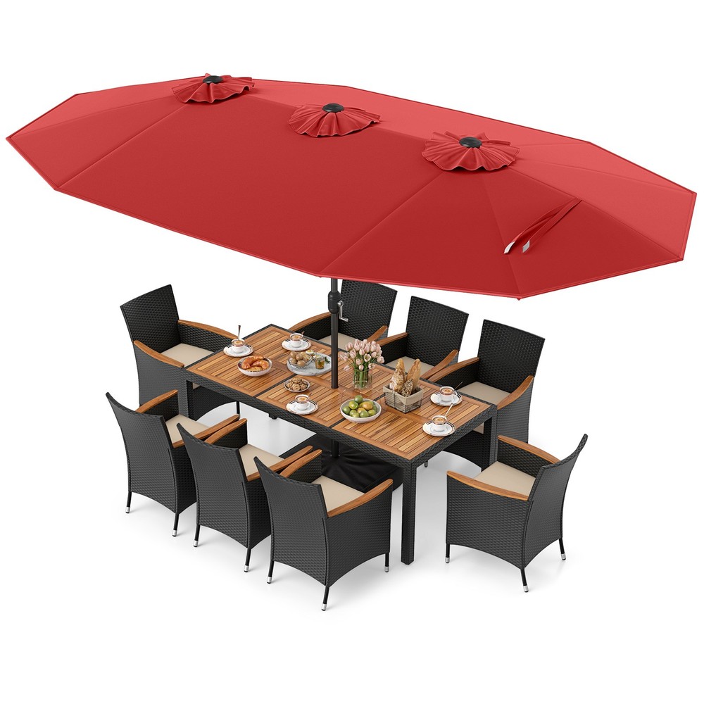 11PCS Patio Wicker Dining Set w/Double-Sided Outdoor Umbrella 8 Stackable Chairs