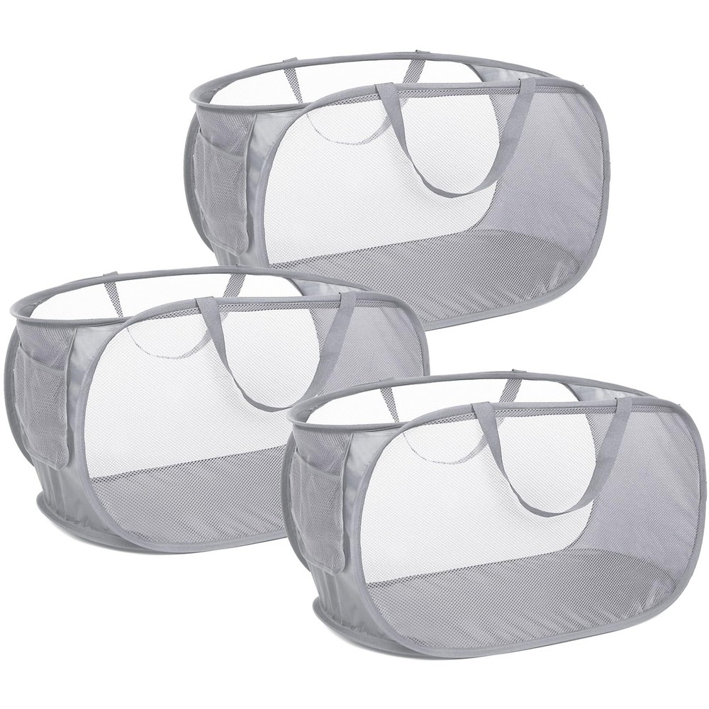 3 Pack Collapsible Laundry Basket Mesh Pop Up Hamper Foldable Grey Clothes