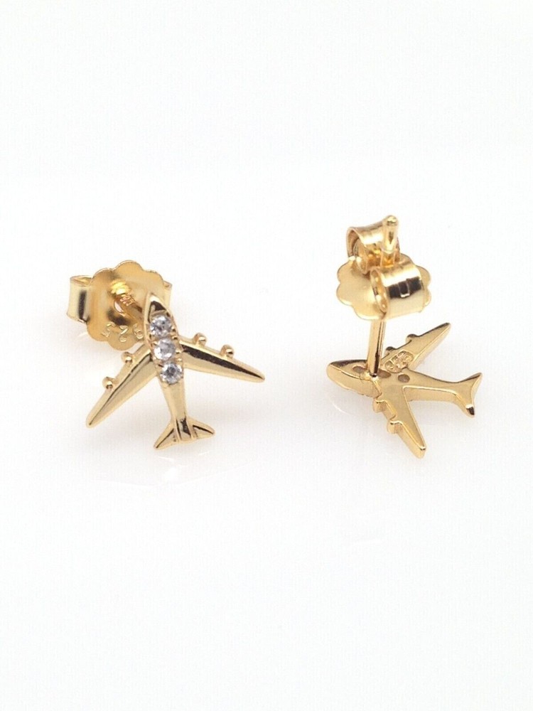 925 Sterling Silver CZ Gold Airplane Stud Earrings Tiny Dainty Studs 8x9mm