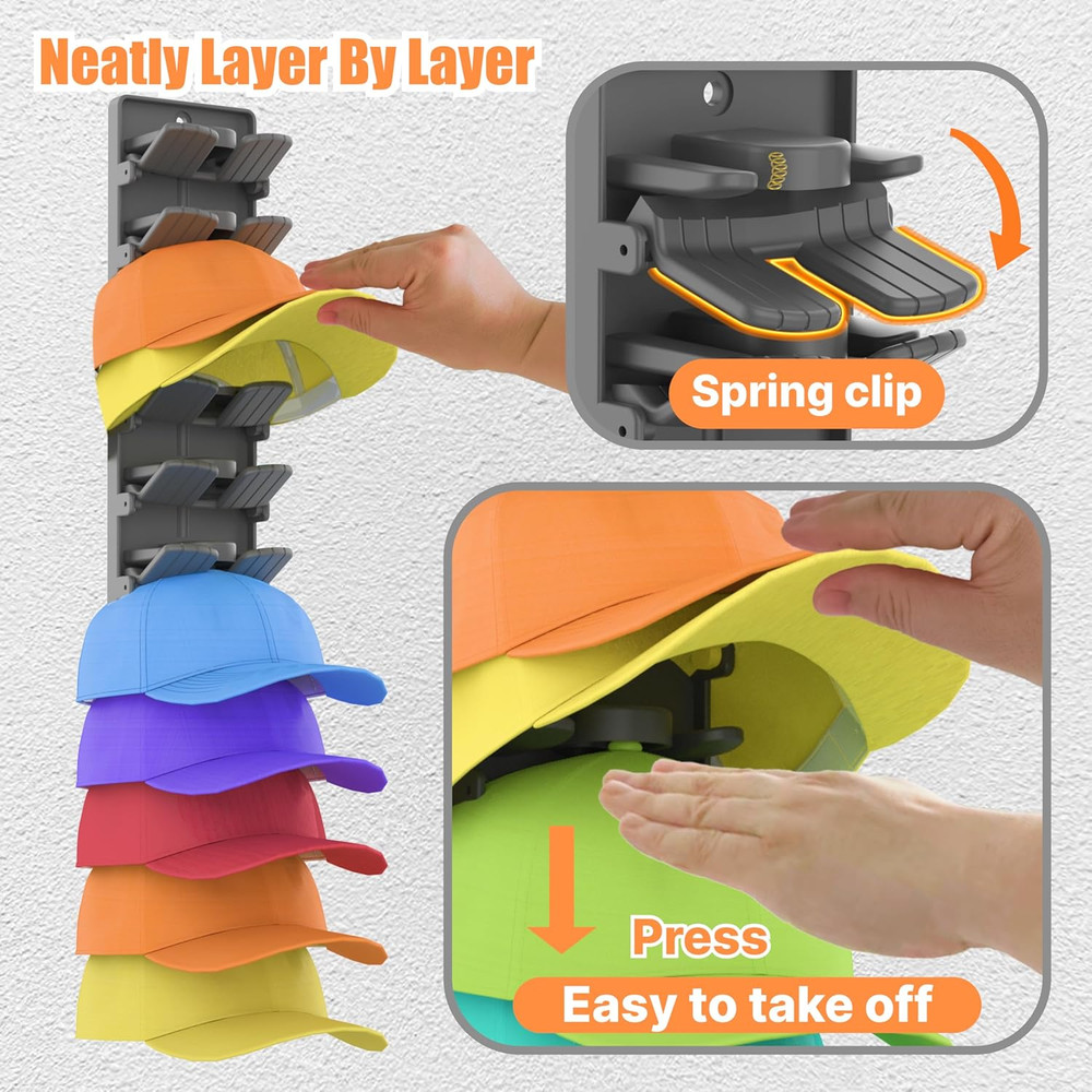 Hat Organizer for Baseball Caps 2 Packs with Built-In Spring Clips - Wall Mount