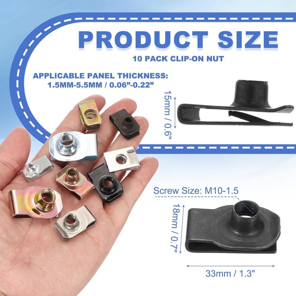 10 Pack U-Style Clip-On M10-1.5 Nut U-Type Fasteners Black