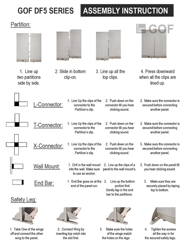 GOF Office Partition Panel Connector for L-shaped Divider, Privacy Wall (60"H)