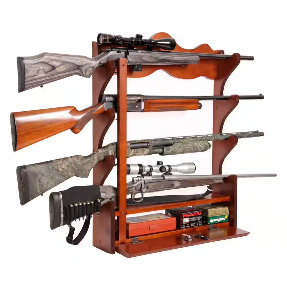 4 Gun Wall Rack with locking storage compartment Free Ship NEW