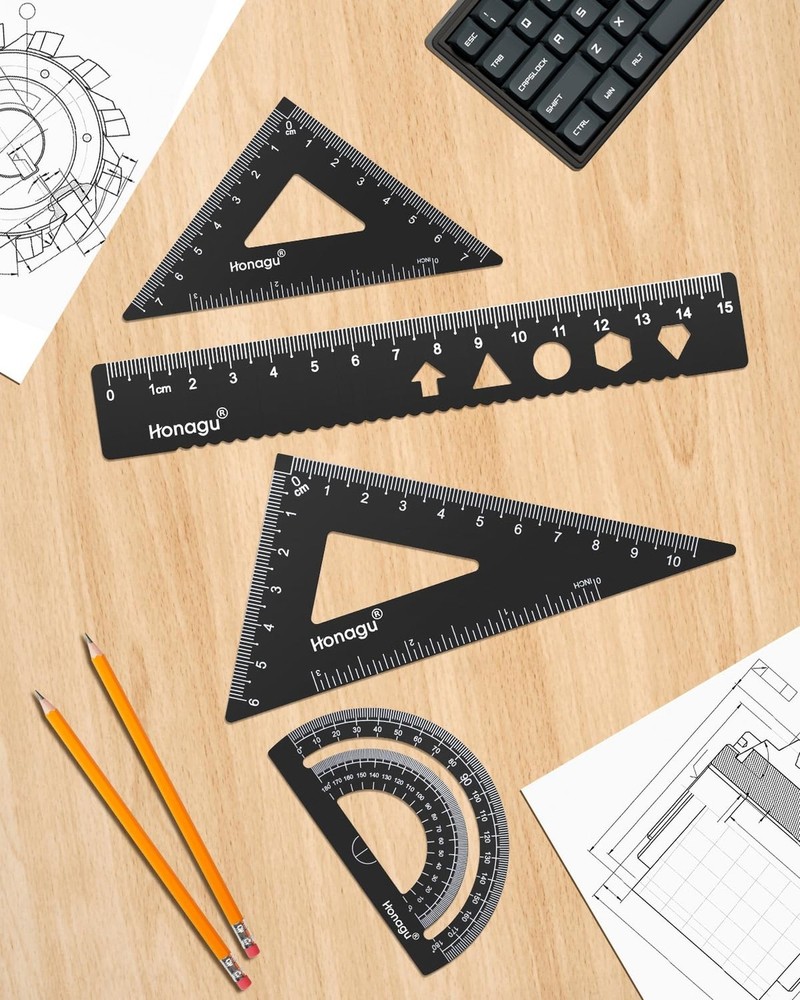 Honagu Triangular Ruler Set, 4 PC Metal Drafting Ruler, Geometric Protractor,...