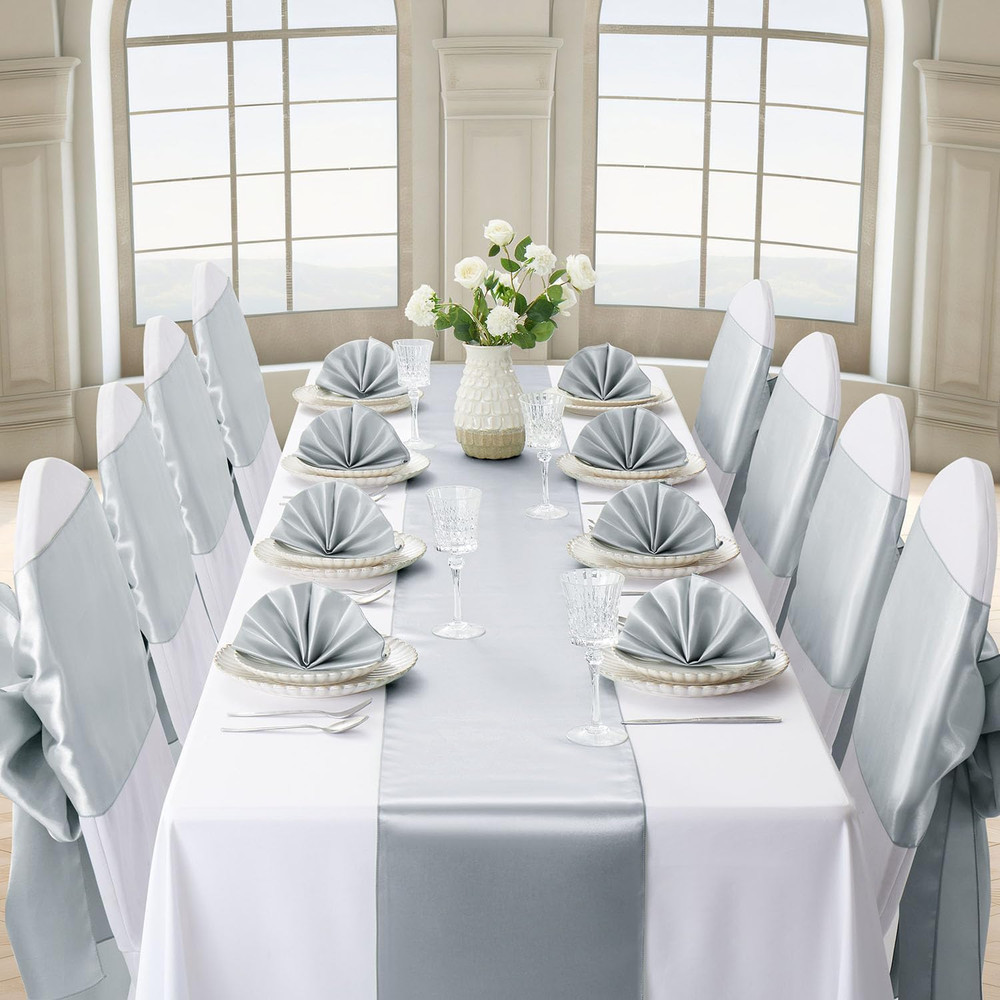12 Pack Silver Table Runner 12x108 Inches Long, Satin Silk-Like Smooth Table Dec