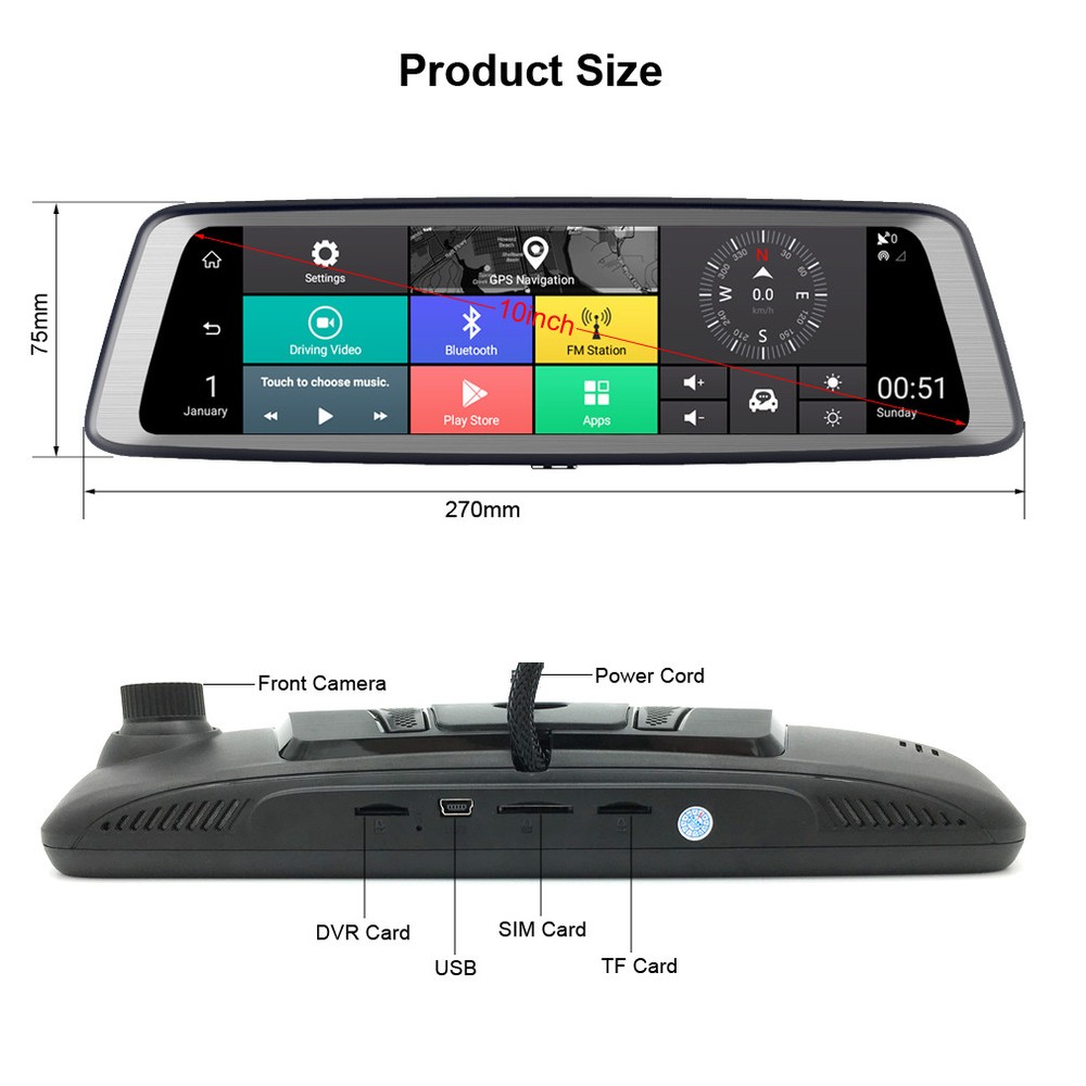 4G smart Car DVR Camera Android rear view backup mirror Dash Cam GPS navigation