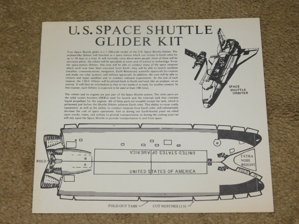 U.S. SPACE SHUTTLE GLIDER KIT (CUT-OUT) - Unused / Unfolded with Instructions