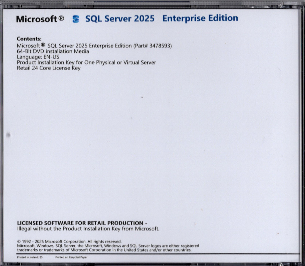Microsoft SQL Server 2025 Enterprise with 24 Core License, unlimited User CALs