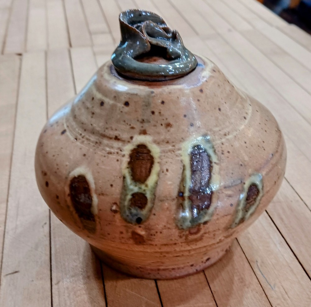 Studio Pottery Jar with Sculptural Lid Handle – Drip Glaze Earth Tones –Handmade