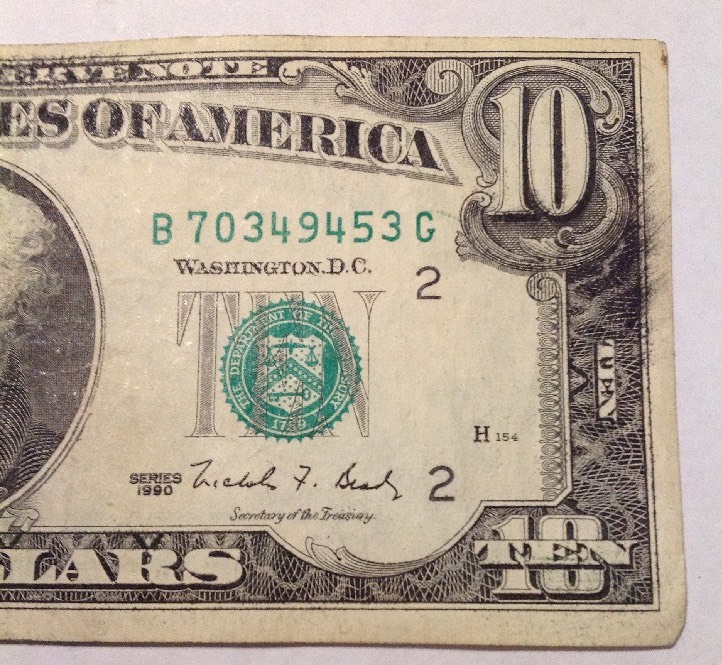 1990 $10 FRN ERROR INK SMEARED
