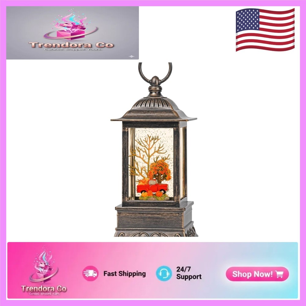 Charming Fall Snow Globe with Red Truck Lantern - 6H Timer & USB Powered