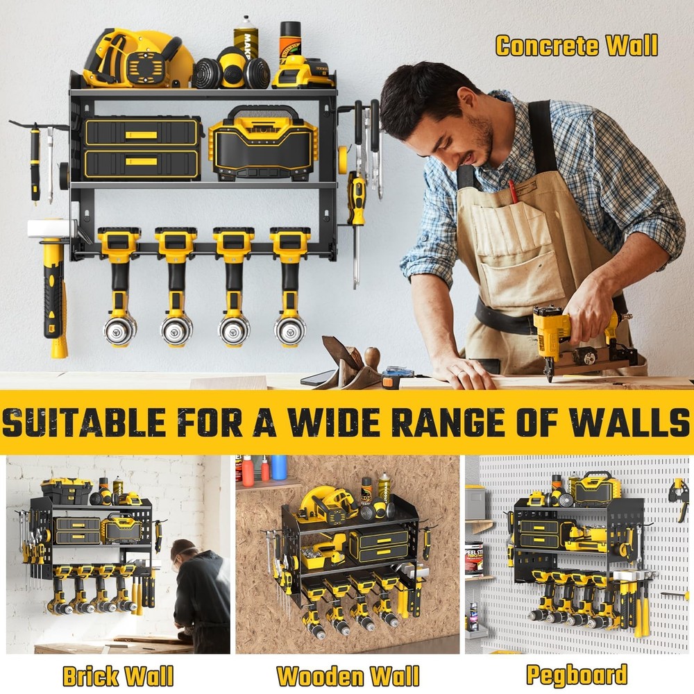 Power Tool Organizer, Heavy Duty Wall Mount Tool Organizer 3 Layers with 4 Dr...