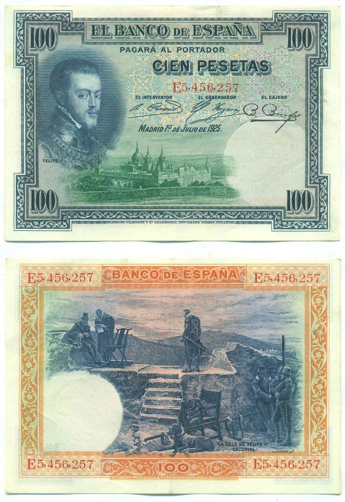 SPAIN NOTE 100 PESETAS 1925 SERIAL E P 69c XF