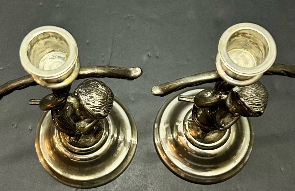 Vintage Silver Plated Cherub Candlestick Pair 8”