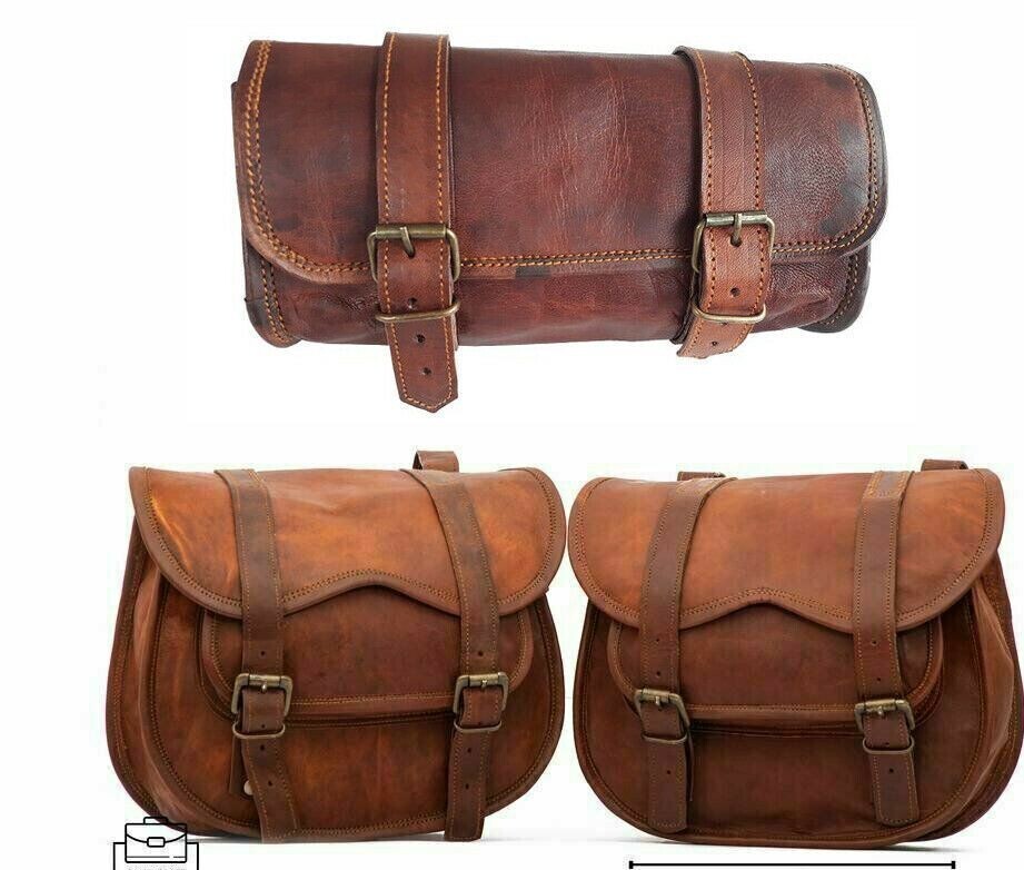 Combo 3 Leather Bag New Motorcycle Two Saddle Side Bag One Front Fork Tool Pouch