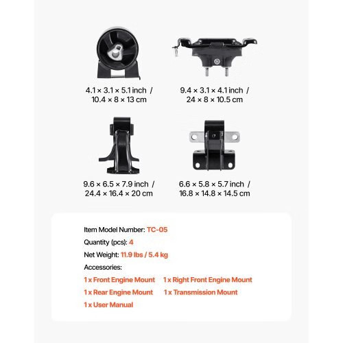 Engine Motor Mount and Transmission Mount Kit Replacement, Set of 4, Compatible