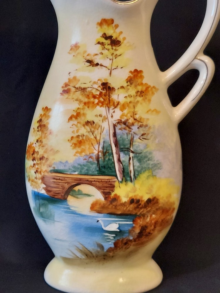 Handpainted Pitcher Swan Bridge Maple Trees