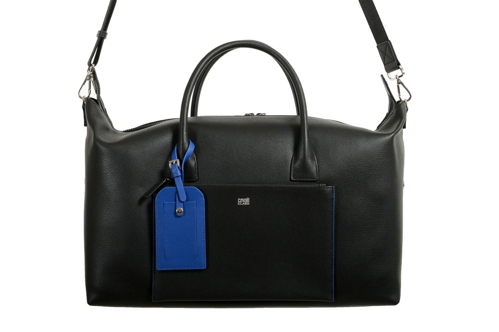 Cavalli Class Unisex Black Leather Duffel Travel Bag