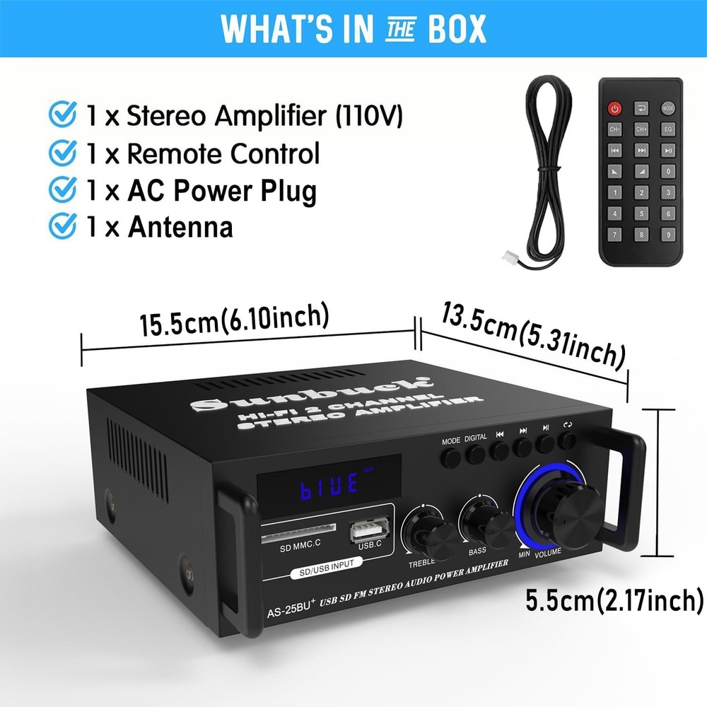 Sunbuck Small Stereo Amplifier, Receiver with Bluetooth, Black