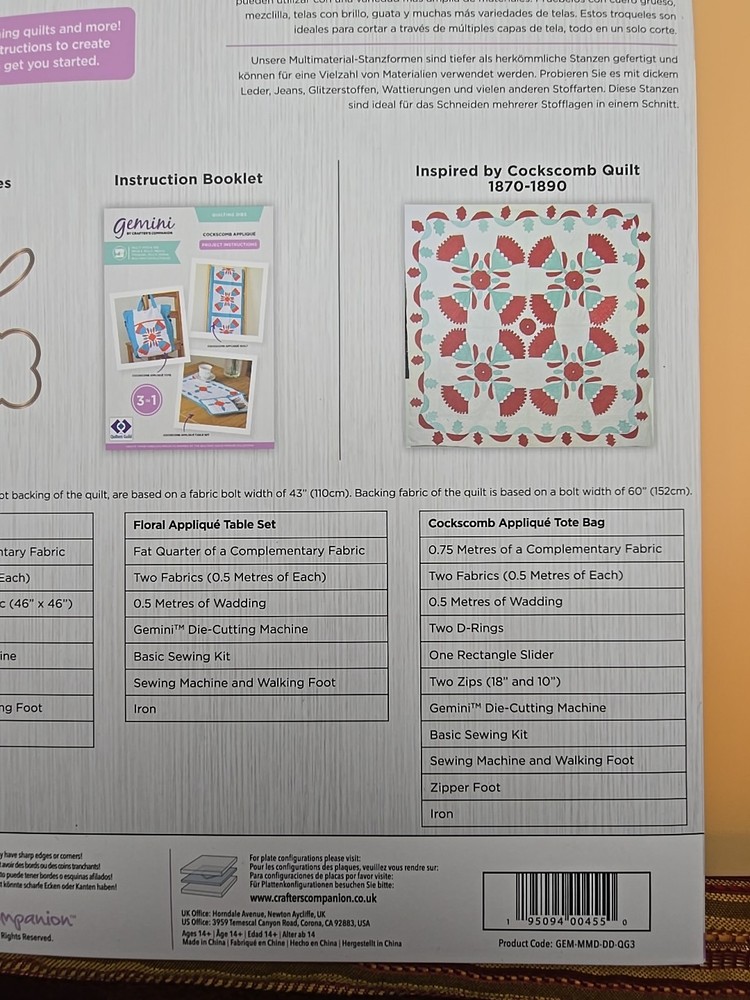 GEMINI Quilting Dies" Cockcomb Applique" Pattern & instruct. kit Crafter's Com.