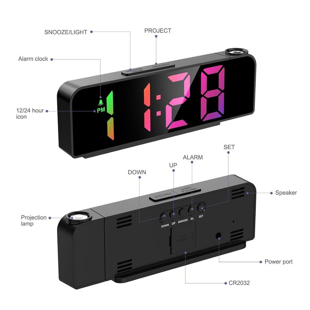 JXTZ Projection Alarm Clock, Clocks with on Black-colorful