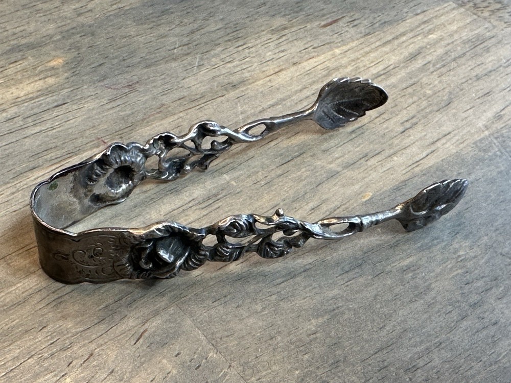 Antique West Germany 835 Silver Rose Pattern Sugar Tongs