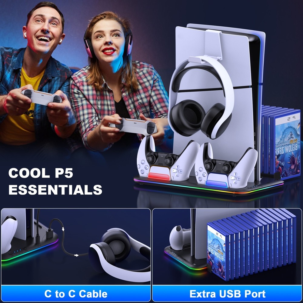 PS5 Slim Controller Charger Stand Cooling Fan for PS5 Disc&Digital Editions