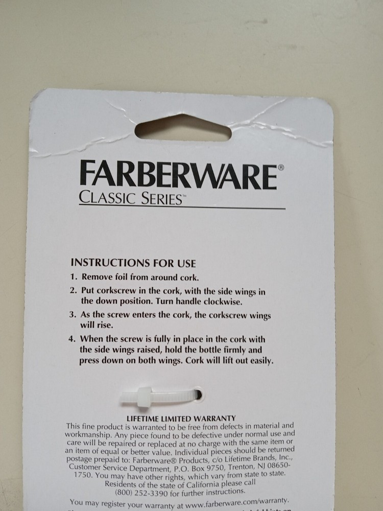Farberware Silver Wing 6" Classic Corkscrew Wine Bottle Opener. New!
