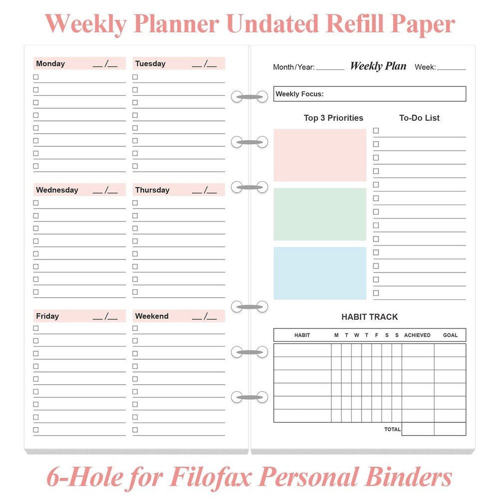 (2-Pack) A6 Weekly Planner Refills for Filofax Personal 2-Pack, White