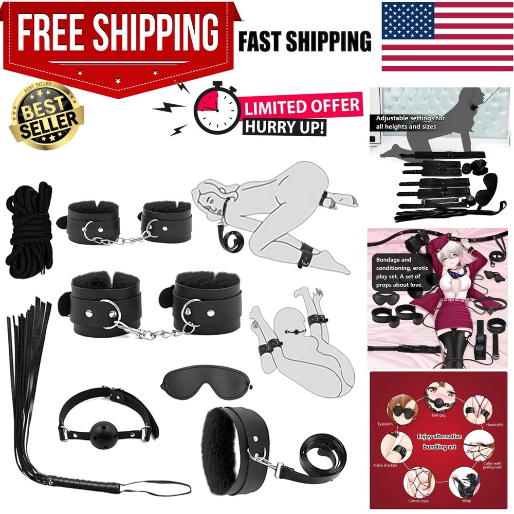 7-Pcs BDSM Kit for Beginners, Black Bondage Set for Couples with Adjustable W...