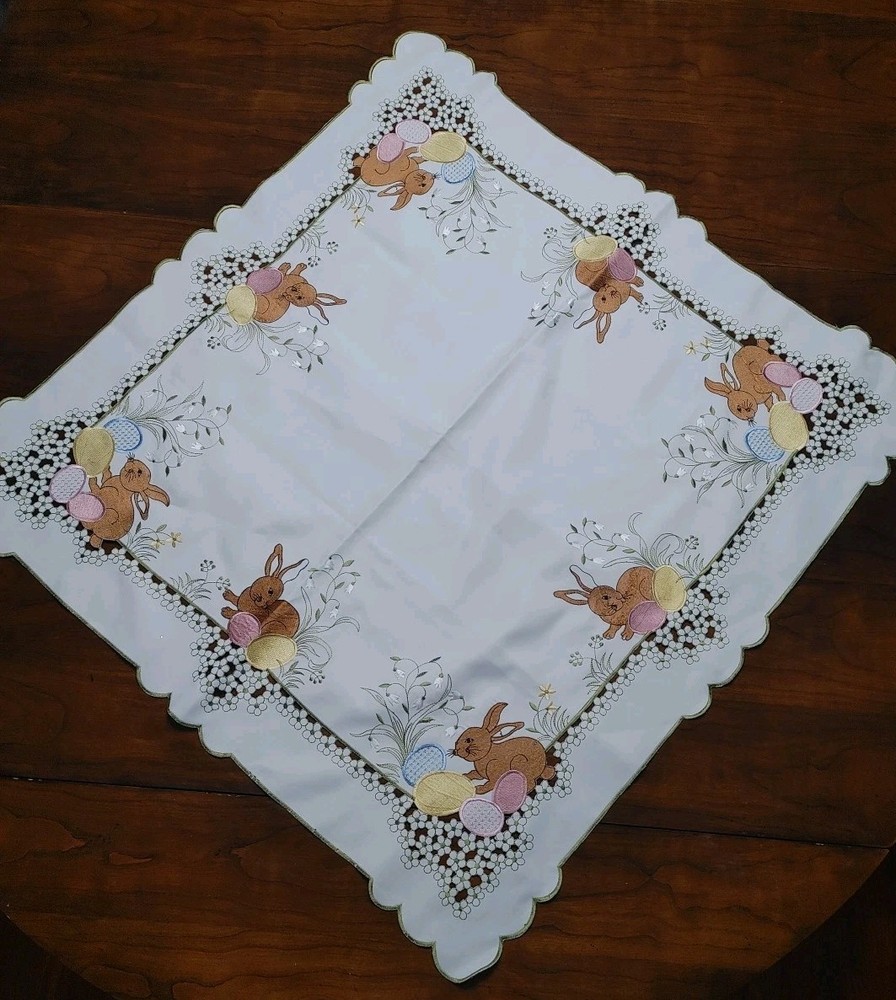 COLLECTIONS INC. Bunny Easter TABLE TABLECLOTH Cutwork & Embroidery 33" Square