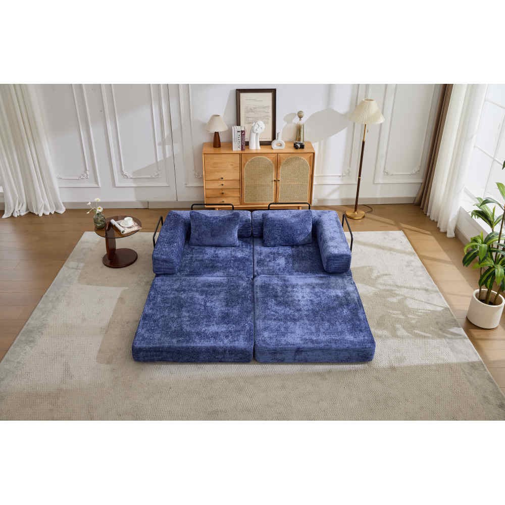 Foldable Sofa Bed with Memory Foam - Dark Blue Chenille Fabric