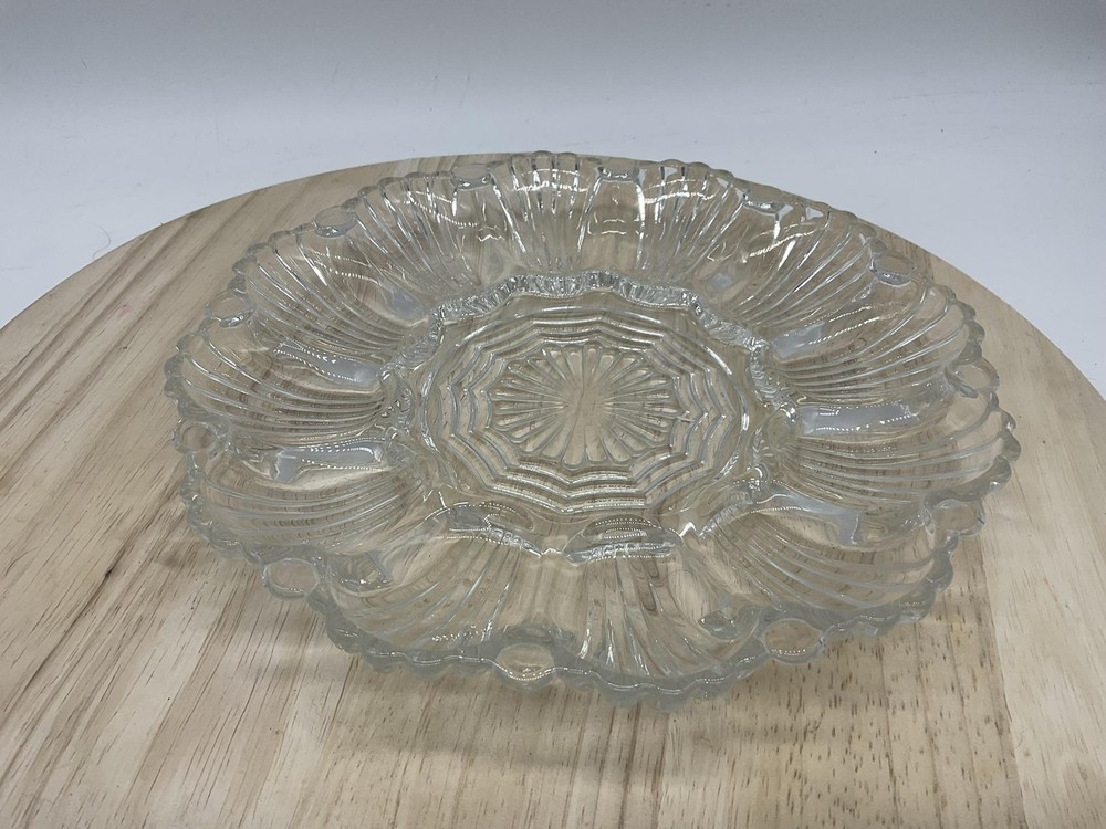 Clear Glass Deviled Egg Platter Round Serving Tray 12 Egg Wells Centerpiece