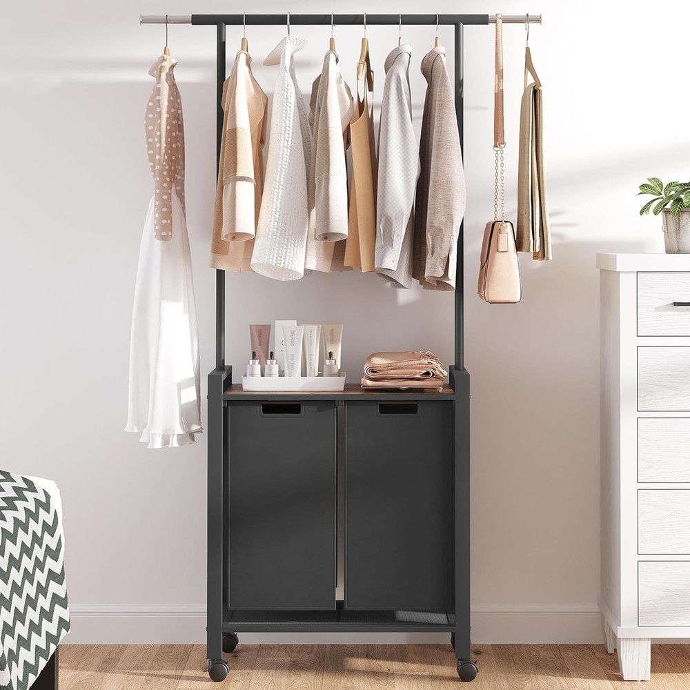 2-Section Rolling Laundry Hamper Sorter+Retractable Hanging Rod for Laundry Room