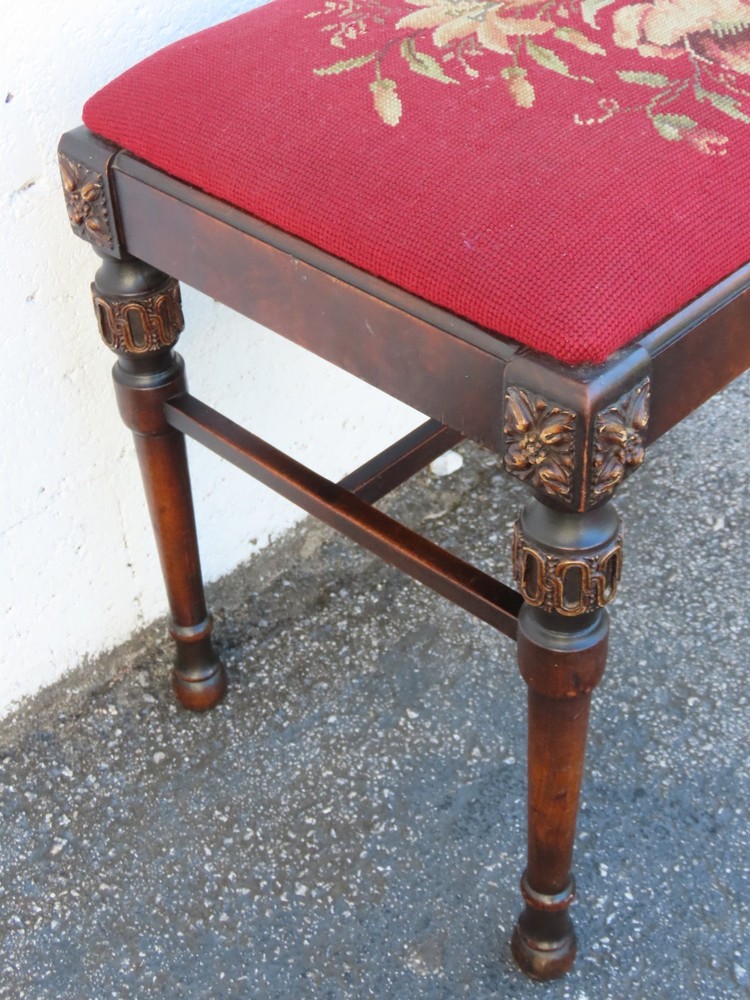 Early 1900s Tapestry Carved Vanity Stool Bench Ottoman 6307
