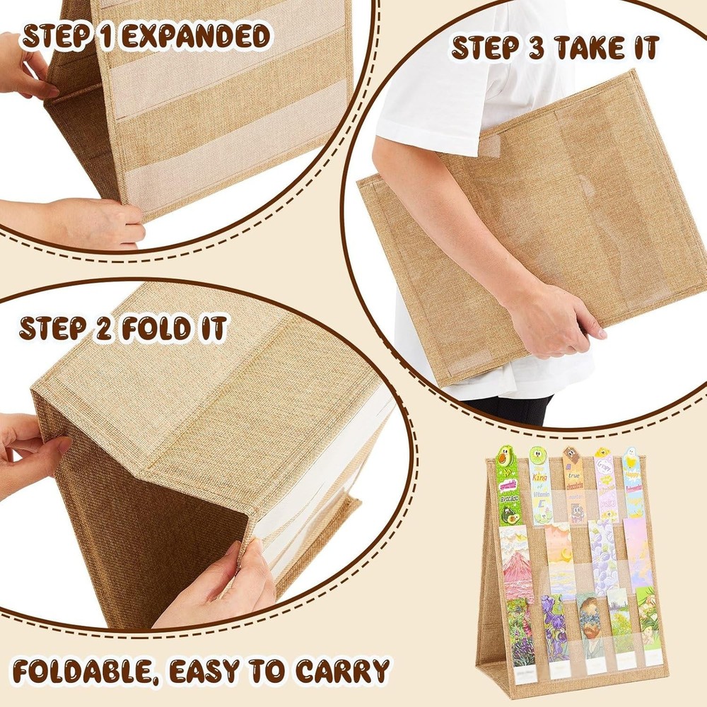 Bookmark Display Stand, Double Sided Portable Holder for Bookmarks, Linen Fab...